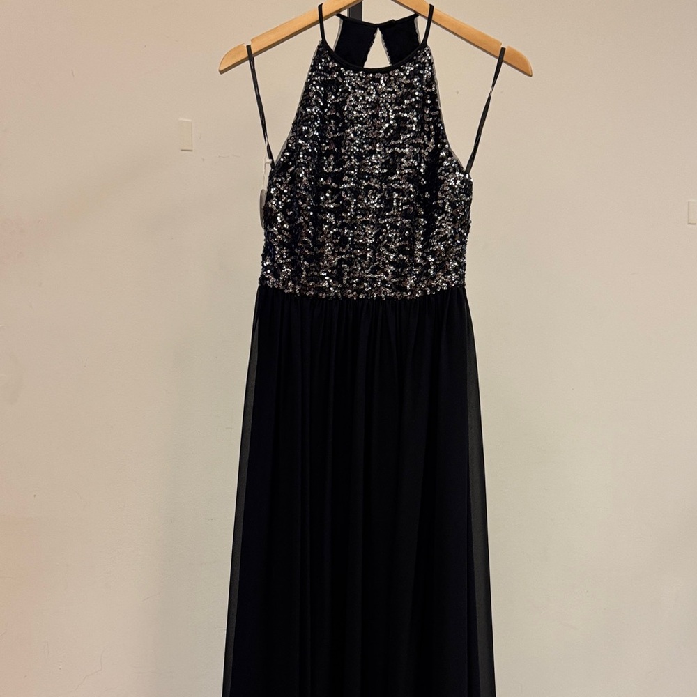 Vera Wang Black Sequin Halter Dress with open back